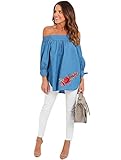 Women's Blue Jeans Off Shoulder Strapless Embroidery Floral Casual Denim Shirts Tops Blouses