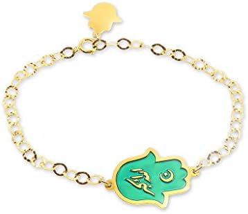 Gold Plated Hamsa Hand of Fatima Bracelet Arabic Pendant Islamic Jewelry for Women Green Blue Hand Painted Enamel Charm, 7.3" Link Chain