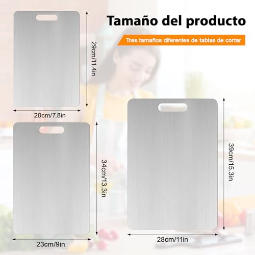 ZYJXLY Juego de 3 Tablas de Picar para Cocina,Tablas para Picar Cocina de Acero Inoxidable 304, Tabla De Cortar Acero Inoxidable,Titanium Cutting Board,Resistente, Fácil de Limpiar