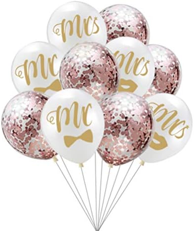 KAIMENG 10 Pcs 12 Inch MR MRS Latex Balloons for Wedding Engagement Party Decoration Engagement Photo Prop(Golden Balloons with Rose Gold Paper Scraps)