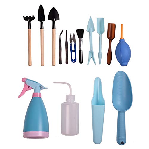 My Decor Mini Garden Tools Set, 15Pcs Succulent Transplanting Miniature Fairy Garden Planting Gardening Hand Tools Set for Indoor Garden Plant Care, Blue