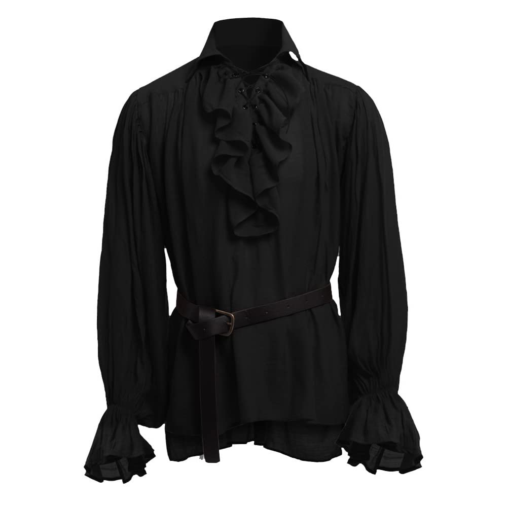 BaronHong Mens Pirate Shirt Vampire Renaissance Victorian Steampunk Gothic Ruffled Medieval Halloween Costume Clothing(Black,XS)
