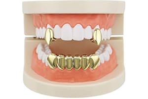 OOCC 18k Gold Vampire Dracula Teeth Grillz 2pc Single Fangs and 6 Bottom Grillz Set