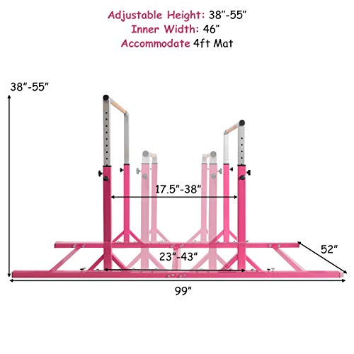 Costzon Double Horizontal Bars, Junior Gymnastic Training Parallel Bars w/ 11-Level 38-55" Adjustable Heights, Converted Single Bar, 264lbs Capacity, Ideal for Indoors, Outdoors, Home Practice (Pink)