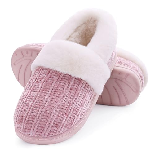 Evshine Women's Fuzzy Memory Foam Slippers, Closed Back Knit Bedroom Slippers, Slip-On Warm House Shoes for Indoor & Outdoor Comfort