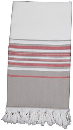 Pestemal Peshtemal Turkish Towel for Bath/Beach, Sol Pestemals, 50%Bamboo 50% Cotton, White with Red &amp; Tan Stripes