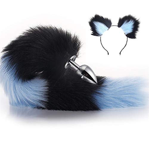 Make life wonderful Black & Blue Color Interval Three Sizes Fluffy Faux Fox Tail & Cat Ears Headband Charms Role Play Costume Party Cosplay Prop (S)