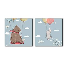 Square Canvas Wall Art of Children Painting Balloon Descending Bear and Rabbit | 12"x12" x 2 Panels