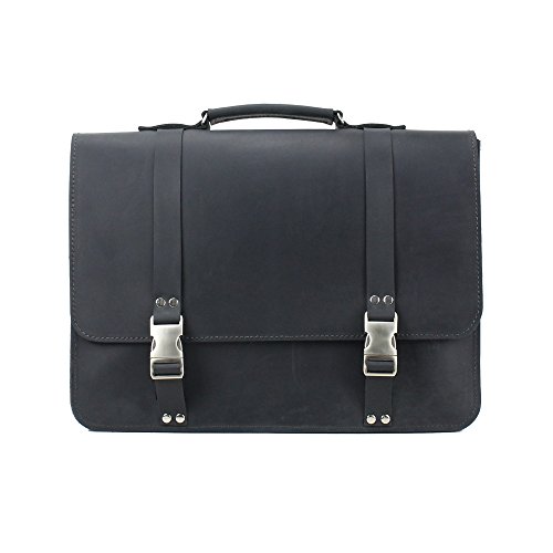 Leather Messenger Bag, Vintage Laptop Briefcase Made in USA by Rugged Material (Black)