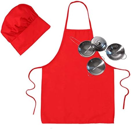 Kids Chef Cooking Gift - Apron, Hat & Mini 4-Piece Stainless Steel Toy Pan Set (Choose Color)