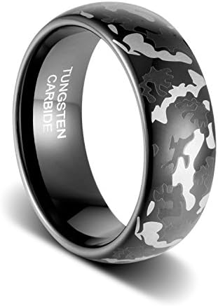 TUSEN JEWELRY 8mm Tungsten Ring Laser Engraving Camouflage Pattern Polished Dome Wedding Band Engagement Ring
