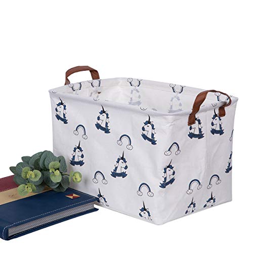 TIBAOLOVER Square Natural Linen & Cotton Fabric Storage Bin with Handles for organizing Kids Toy/Playroom Organization/Toy Bin/Closet/Shelf Baskets/Baby Hamper (Blue Unicorn)