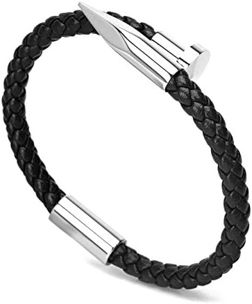LOLOJ Braided Leather Bracelet Stainless Steel Nail Charm Love Cuff Wristband Bangle Silver, 7"