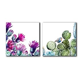 2 Panel Square Canvas Wall Art - Watercolor Style Colorful Cactus - Giclee Print Gallery Wrap Modern Home Art Ready to Hang - 12"x12" x 2 Panels