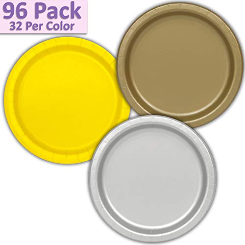 96 Paper Dinner Plates (9") - Gold, Neon Yellow, Silver - 32 Per Color, 3 Colors - Great Assortment for Birthday Parties, Weddings, Holidays, Baby Shower, Celebrations, and more