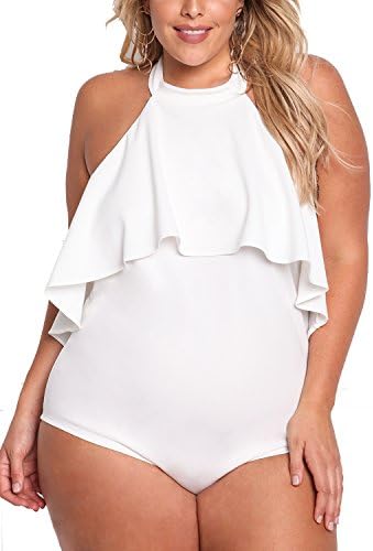 Debshops Womens Plus Size Ruffle Layered Halter Bodysuit 3XL Ivory