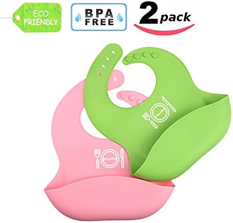 Baby Bib Boy Girl Silicone Bib, KidoMe Wipes Clean Food Catching Bibs Waterproof Soft , 2 Colors (Green&amp;Pink)