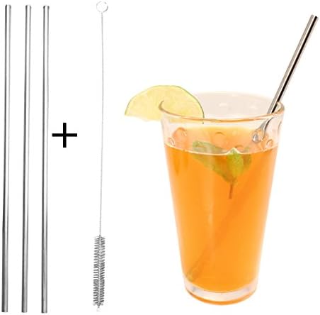 Set of 4 Stainless Steel Drinking Straws + Free Cleaning Brush from Simple Living Brands (8.5" Reusable Straight Straws)