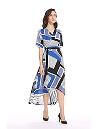 Acecred Vestido de mujer con cuello en V, manga corta, estampado floral, con cinturón