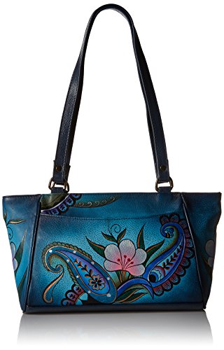 Anna by Anuschka Genuine Leather Small Tote Handbag | Hand-Painted Original Artwork | Denim Paisley Floral