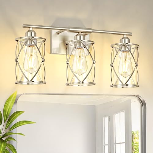 Photo 1 of Osimir 3-Light Brushed Nickel Bathroom Light Fixtures, 21 Inch Modern Bathroom Vanity Lighting Fixtures Over Mirror with Clear Glass and Metal Cage Wall Sconce Lights for Bath, E26, CH9176BN-3W