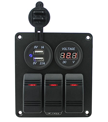 Iztoss 3 gang rocker switch panel with DC12V/24V voltmeter 3.1A(2.1A+1A) dual USB wiring kits DC12V/24V for Marine Boat Car Rv Vehicles Truck Red led