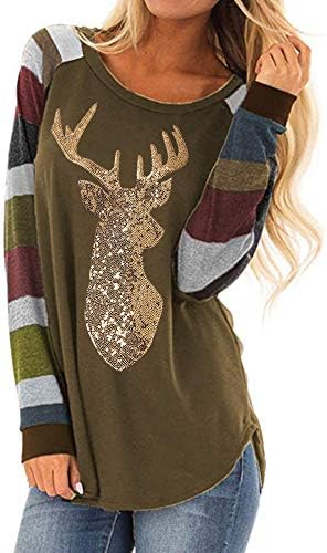 Womens Casual Long Sleeve Christmas Reindeer Sequin Stripe T Shirt Blouse Tops