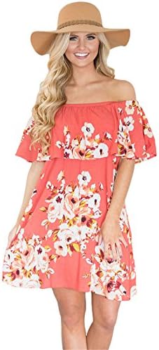 Fashion Women Boho Midi Dress Off Shoulder Floral Maxi Dress Ruffle Beach Party Dress Casual Dress (L, Orange)