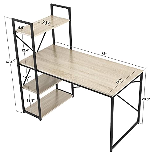 SMAGREHO Computer Desk with 4 Tier Shelves, Reversible Writing Study Table with Bookshelves, Modern Simple Compact Home Office Workstation, Oak