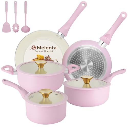 M MELENTA Pink Pots and Pans Set Non Stick, 11 Piece Non Toxic Ceramic Cookware Set, Induction Ready Kitchen Cooking Set with Cool-Grip Handles, PFOA & PTFE Free