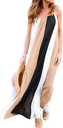 eReeder Women's Sleeveless Splice Color Stripe Chiffon Long Dress, large, khaki