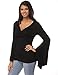 Fancyqube Women's Sexy V-Neck Twist Knot Front Long Bell Sleeve Blouse Tops Black XL