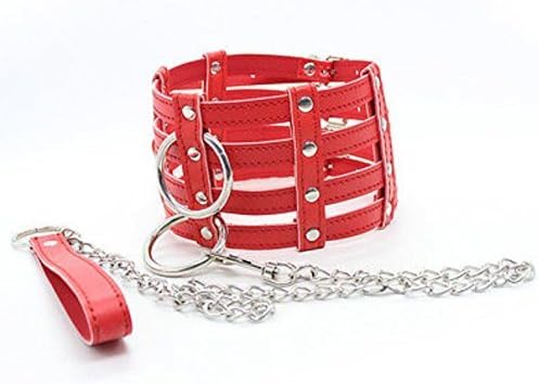 Platinum4Play Sexy Red 4 Belt Deep Neck Collar with Stainless Leash