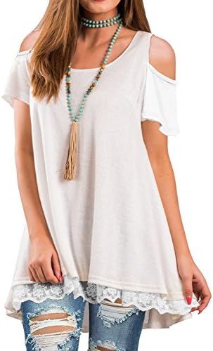 TDTE Womens Cold Shoulder Short Sleeve Lace Hem Tunic T-Shirt Top,04 White,Large