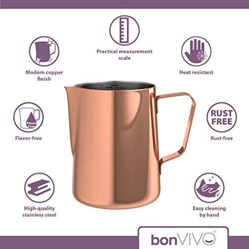 bonVIVO Muvo Stainless Steel Milk Jug With Copper Finish, Milk Frother Pitcher 11 Fl Oz, Barista Tools, Milk Frothing Pitcher With Practical Scale, Perfect for Cuban Coffee, Cappuccino Or Latte