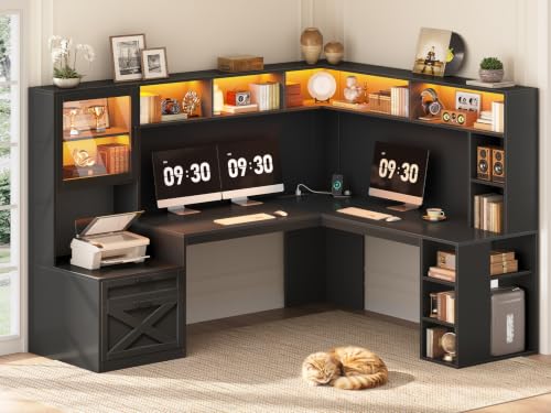 SEDETA 68" Farmhouse L Shaped Computer Desk with Hutch, Storage Drawers