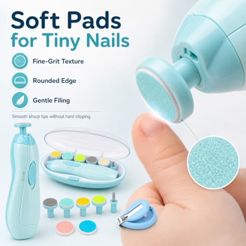 Gnker Baby Nail Trimmer, Electric Nail File & Baby Nail Cutter | 12-in-1 kit, 4 replacement pads, for newborn toddler fingernails & toenails, blue