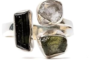 GENERIC Moldavite Ring, Black Tourmaline, Herkimer Diamond Ring Czech Republic Natural Gemstone 925 Solid Sterling Silver Handmade Jewelry