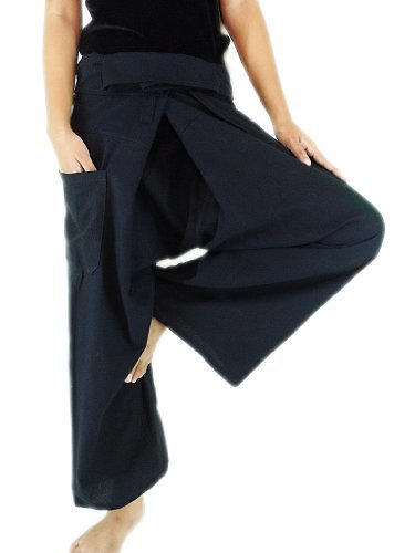 CandyHusky's Men Women Fisherman Wrap Pants Yoga Dancing Pants Thick Cotton - Black