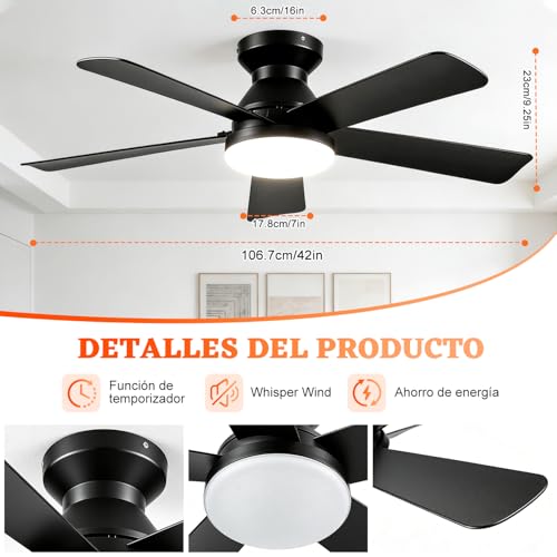 Ventilador de Techo con Luz de 42 Inch/107cm, Montaje Empotrado con Control Remoto, Silencioso de 5 Aspas, 3cct+6 Velocidades, Motor Reversible, Negro