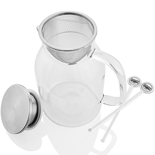 Glass Pitcher With Lid By Golden Spoon: Durable Glass Carafe With Airtight Cap - Microwave And Freezer Safe Borosilicate Glass For Hot And Cold Liquids - Comes With 2 Stirrers And A Strainer (60 oz) - Thumbnail 6