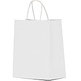 Qutuus 10x5x13 White Paper Gift Bags with Handles Bulk 100Pcs Kraft Paper Shopping Bags, Recyclable Paper Sacks, White Gift Bags for Retail, Merchandise, Business, Gifts
