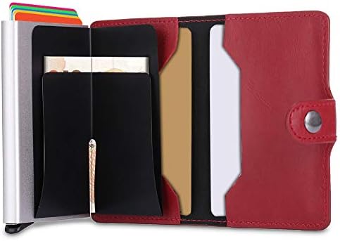 Credit Card Holder RFID Blocking Wallet KOOGOO Minimalist Leather Card Case Wallet Aluminum Pop-up Card Pack Portable Travel Wallet (Red-Single case)
