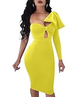 Mokoru Women&#39;s Sexy Bow One Shoulder Long Sleeve Bodycon Evening Party Midi Club Dress, Large, Yellow