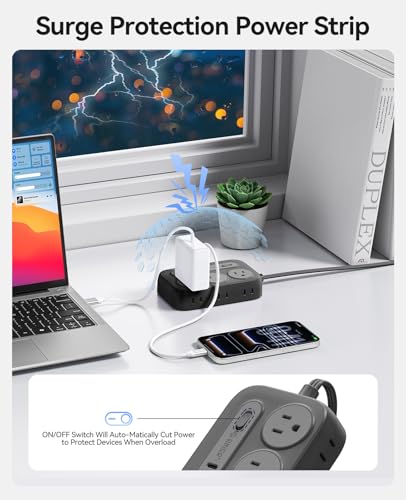 ORICO Regleta Multicontacto Supresor de Picos y PD20W, 3M Extension Electrica con 6 Salidas CA y 4 USB (2 USB-C), Conector Múltiple con Enchufe Plano, Pared y Escritorio para Hogar/Oficina - OG