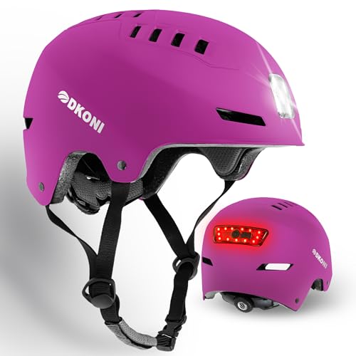 DKONI Fahrradhelm für Erwachsene, USB-aufladbare Vor- und Rücklichter (Rosa, L: 56-61cm)