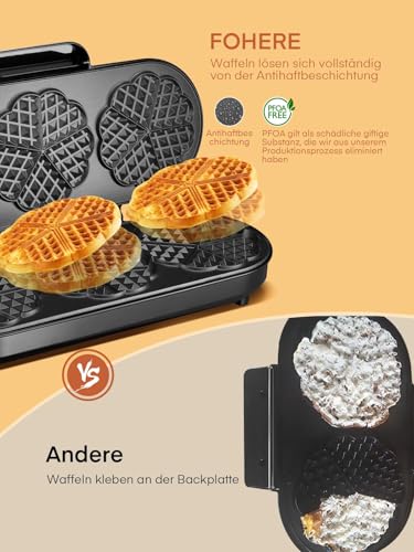 FOHERE King Size Waffle Iron, 15 Heart Waffles in 2 Minutes, Heart Waffle Iron with 3 Non-Stick Baking Surfaces for Classic Heart Wafers, Baking Tray, Stainless Steel, Ideal for Family & Party (Silver)