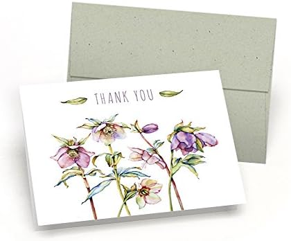 Set of Thank You Note Cards - Watercolor Flower Blossoms (10 Cards + Sage Green Envelopes) - By Palmer Street Press