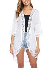 Sykooria - Cárdigan de encaje para mujer con parte delantera abierta, manga 3 4 acampanada, blusa suave tipo kimono, tallas S-XXL