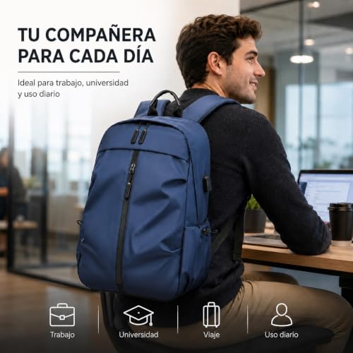 Mochila Impermeable 35L para Hombre con Puerto USB y Compartimento para Laptop 16", Ligera y Ajustable para Viaje | Múltiples Bolsillos, Ideal para Trabajo, Universidad y Uso Diario